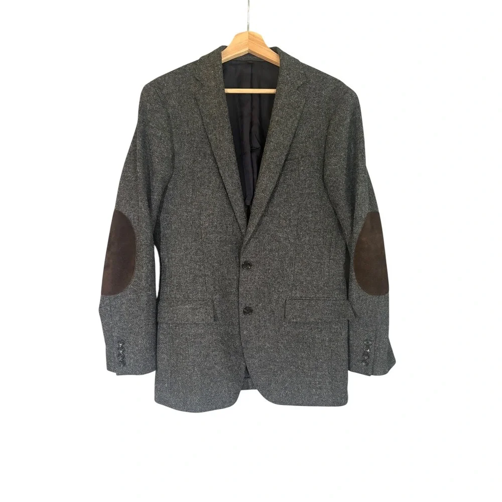 J. Crew Ludlow Blazer Moon Fabric Wool Tweed Elbow Patch 36R Gray Career Office